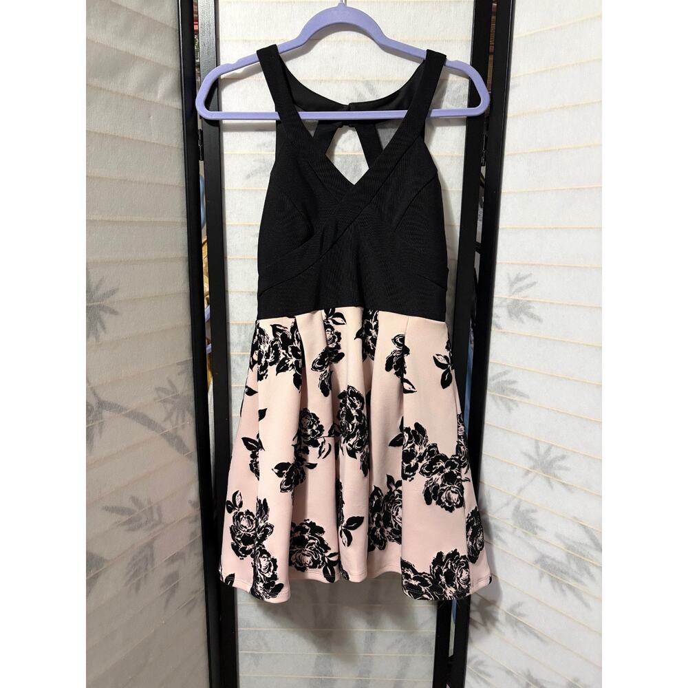 Crystal Doll Black Pink Floral‎ Halter Dress Sz 9 Fit & Flare Party Cocktail
